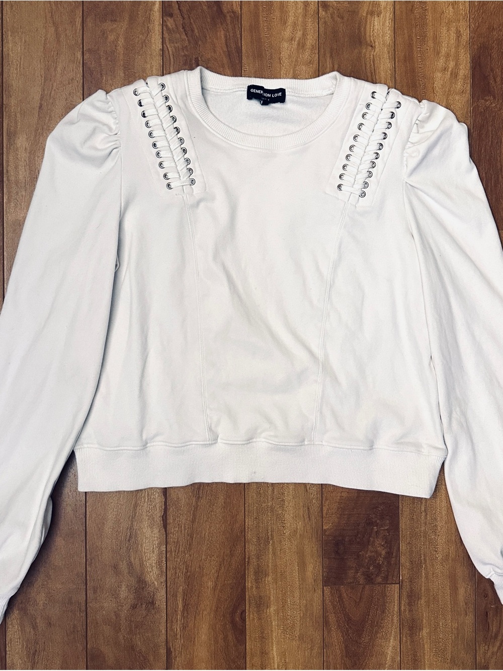 Generation Love New York- White Lace-Up Crewneck Sweater